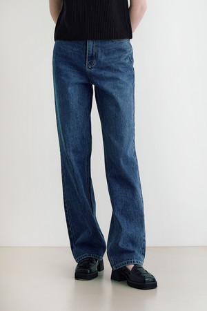 Leather label washing wide denim pants - blue