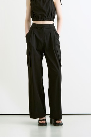 Nylon cargo wide pants - black