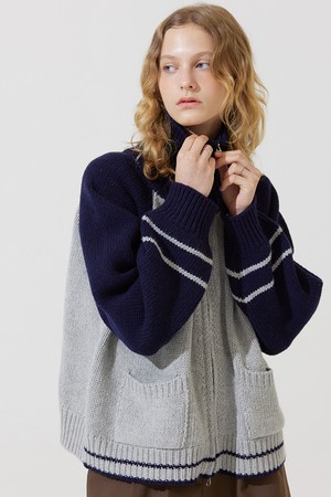 AD embroidery coloring knit zip up cardigan - navy