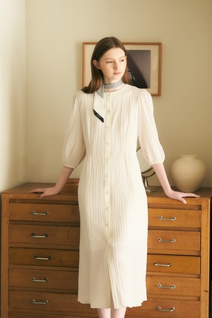 Seersucker shirring long dress - ivory