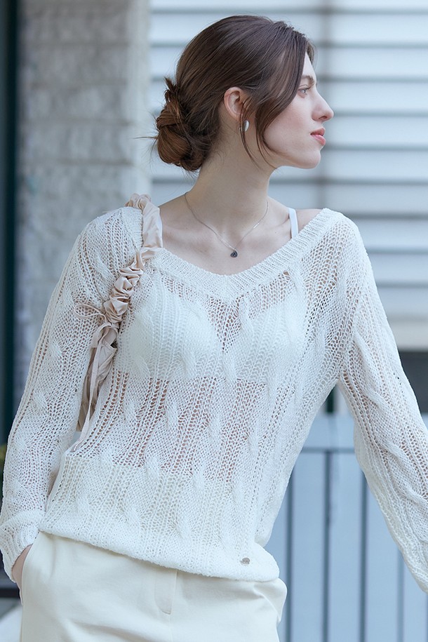 ADAUL - 니트 원피스 - V neck twist layered summer knit - ivory