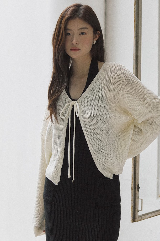 ADAUL - 가디건 - Over fit summer knit ribbon cardigan - ivory