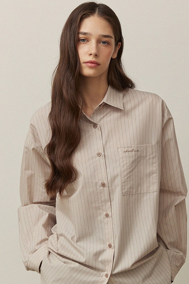 ADAUL - 셔츠 - Over fit stripe ad embroidery shirts - beige