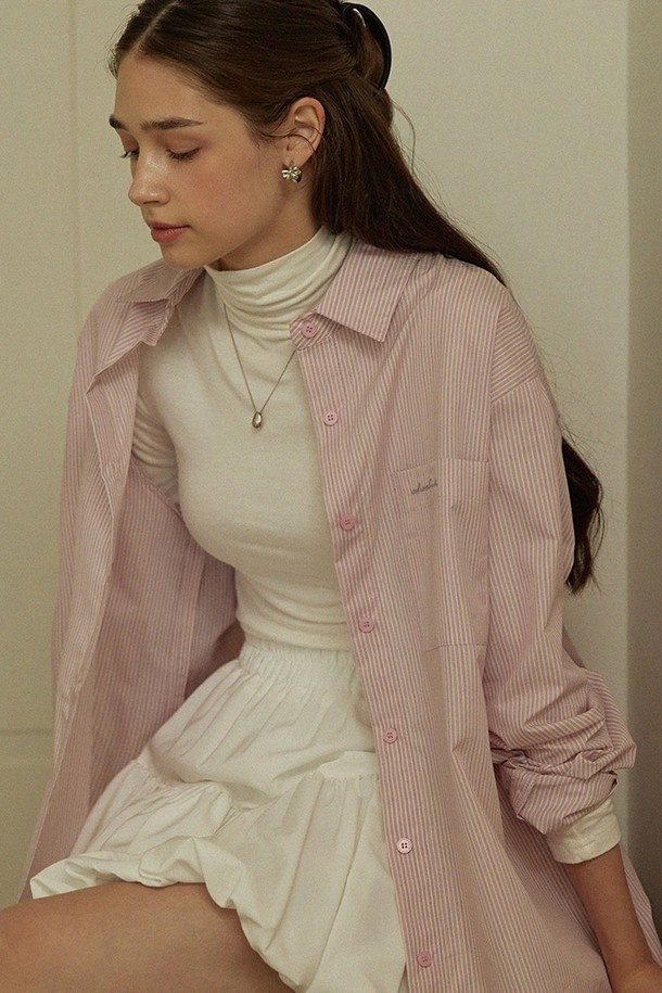 ADAUL - 셔츠 - Over fit stripe ad embroidery shirts - pink