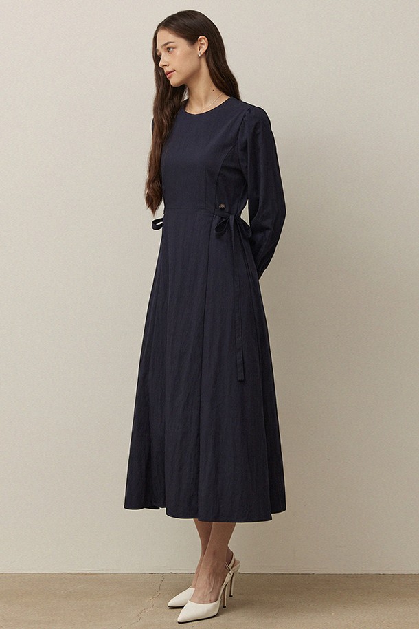 ADAUL - 긴소매 원피스 - Twin side ribbon puff long dress - navy