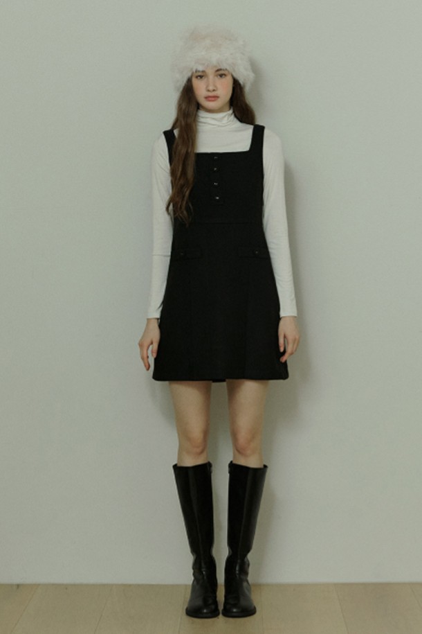 ADAUL - 민소매 원피스 - Square line button mini dress - black