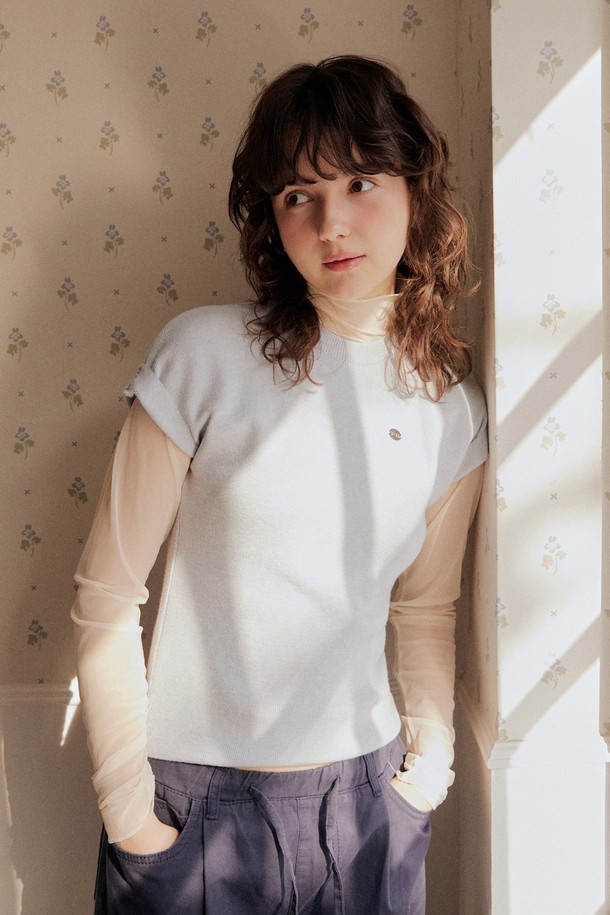 ADAUL - 스웨터 - Roll up pastel cap sleeve knit - 6color