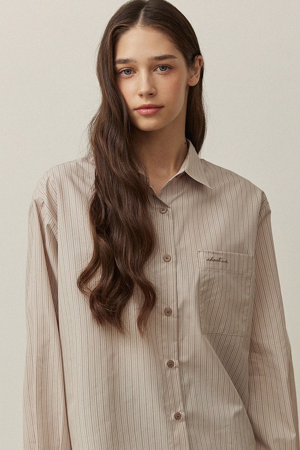 ADAUL - 셔츠 - Over fit stripe ad embroidery shirts - beige