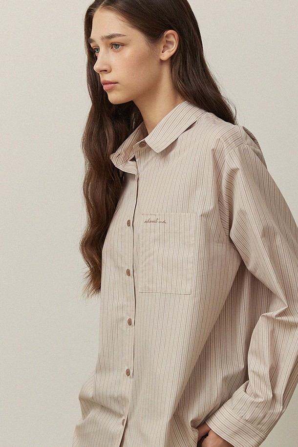 ADAUL - 셔츠 - Over fit stripe ad embroidery shirts - beige