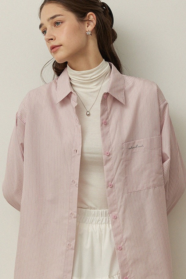 ADAUL - 셔츠 - Over fit stripe ad embroidery shirts - pink