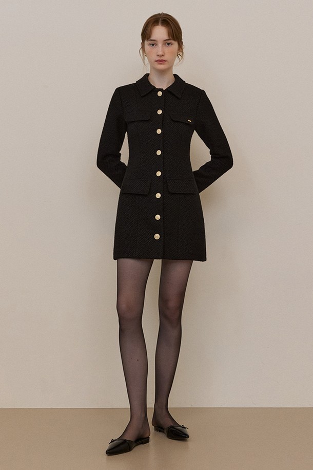 ADAUL - 긴소매 원피스 - Slim line tweed mini dress - black