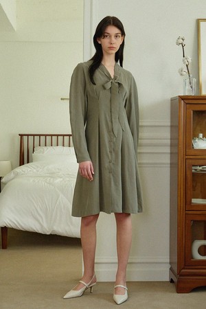 Lesse ribbon tie long dress - khaki