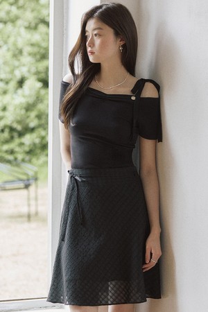 Oblique check ribbon midi skirt - black