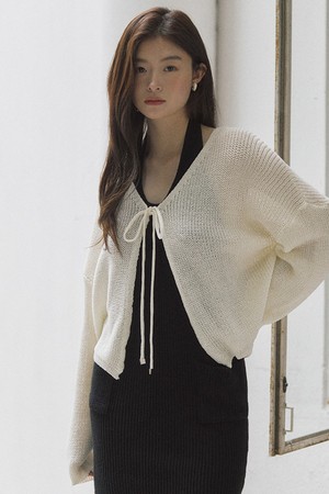 Over fit summer knit ribbon cardigan - ivory