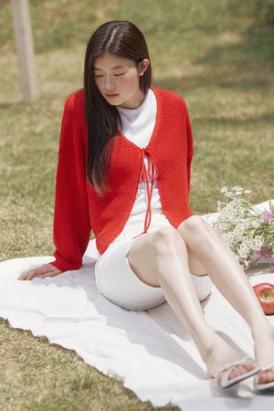 Over fit summer knit ribbon cardigan - red