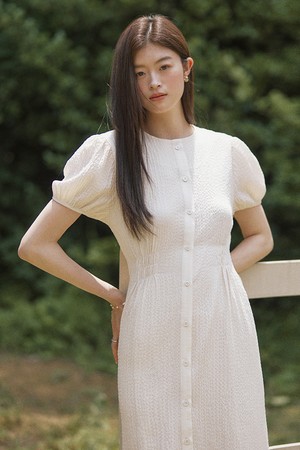 Seersucker half shirring long dress - ivory