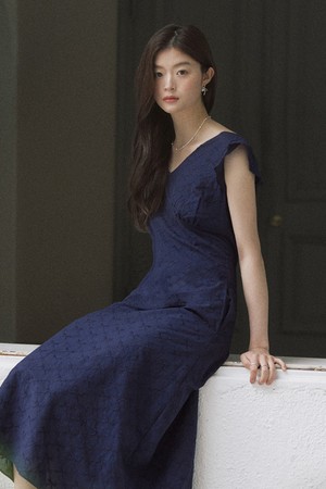 Wing ribbon jacquard frill long dress - navy