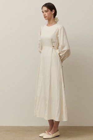 Twin side ribbon puff long dress - ivory