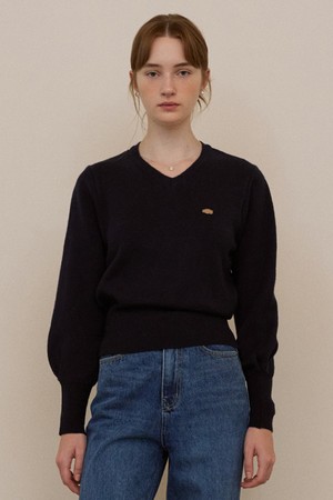 Bell sleeve v neck classic knit - navy