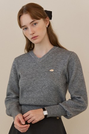 Bell sleeve v neck classic knit - grey