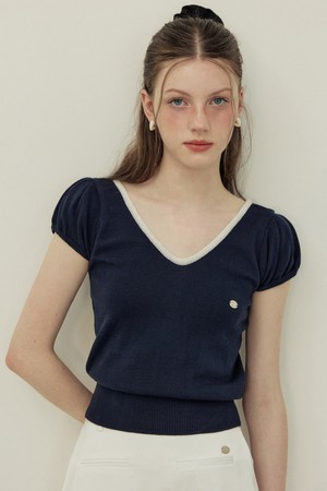 Back ribbon coloring v neck puff knit - navy