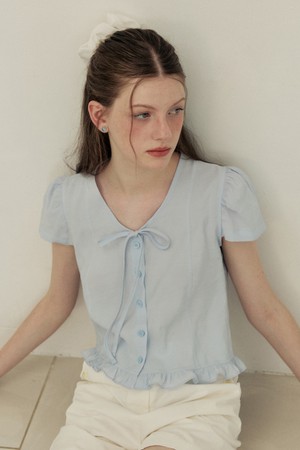 Puff button ribbon half sleeve blouse - sora