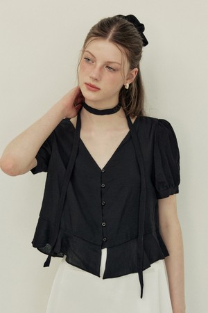 Sheer tie deep v neck blouse - black