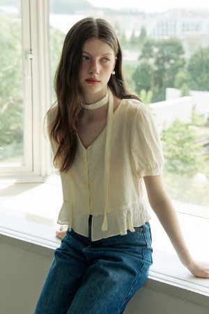 Sheer tie deep v neck blouse - cream