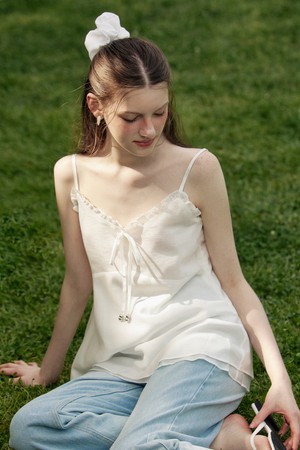 Frill v neck chiffon double bustier - ivory