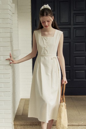 Classic pintuck line ribbon long dress - natural