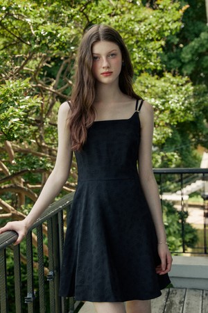 Embo flower pattern twin strap mini dress - black