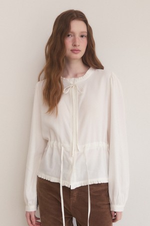 Frill warm texture ribbon blouse - white