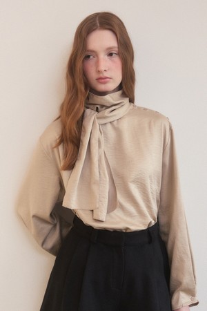 Satin side button scarf neck blouse - beige