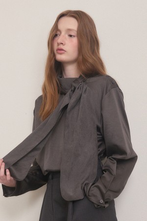 Satin side button scarf neck blouse - charcoal