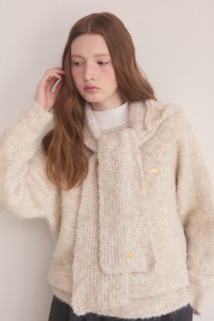 Hoodie muffler knit set - beige