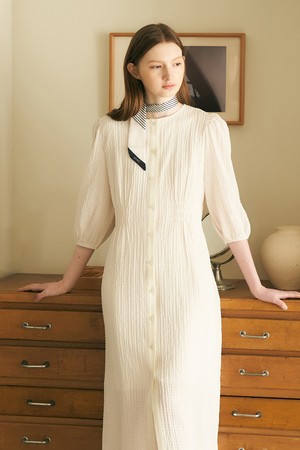 Seersucker shirring long dress - ivory