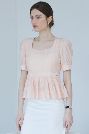 Semi square neck frill puff blouse - coral