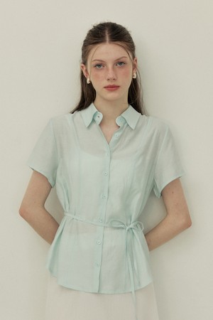 See through sheer belt shirt - blue