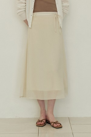 Double line ribbon strap long flare skirt - beige