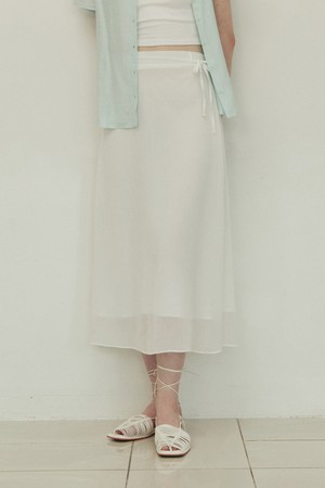 Double line ribbon strap long flare skirt - white