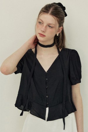 Sheer tie deep v neck blouse - black