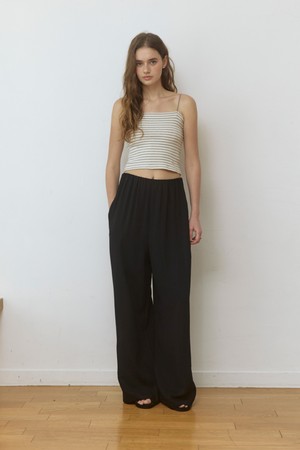 Linen hidden banding wide pants - black