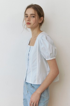 Lace point puff square neck blouse - skyblue