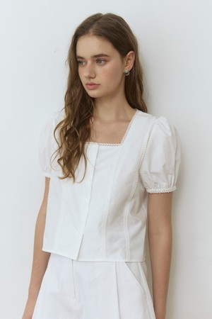 Lace point puff square neck blouse - white