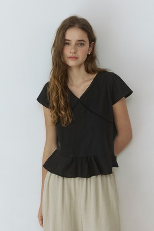 V cut lace jacquard blouse - black