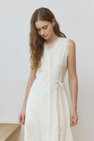Lace frill line jacquard long dress - cream