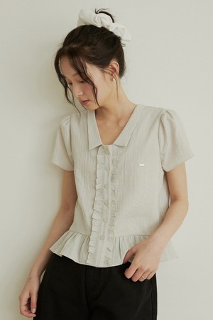 Frill jacquard cap sleeve blouse - Ash khaki