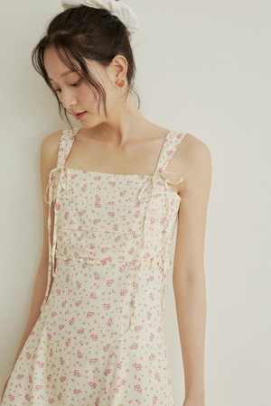 Flower pattern shirring mini dress - cream