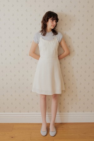 Jacquard rope belt frill neck mini dress - ivory