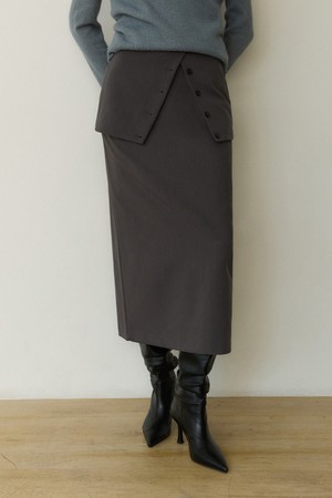 Layered button wrap long skirt - charcoal